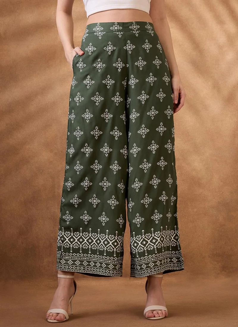 Globus  Globus Women Green Ethnic Print Mid Rise Wide Leg Fusion Pant for Women | Best Price UAE